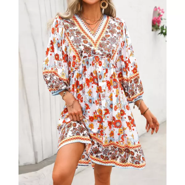 BTFBM Women Casual Spring Summer Dresses V Neck 34 Long Sleeve Ruffle Floral Flowy Boho Babydoll Mini Short Beach DressFloral White Red