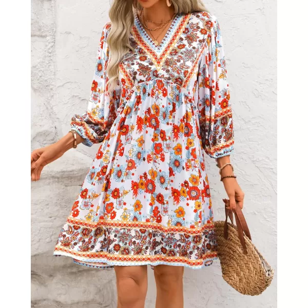 BTFBM Women Casual Spring Summer Dresses V Neck 34 Long Sleeve Ruffle Floral Flowy Boho Babydoll Mini Short Beach DressFloral White Red