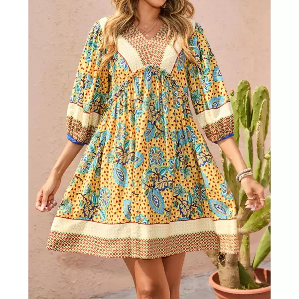 BTFBM Women Casual Spring Summer Dresses V Neck 34 Long Sleeve Ruffle Floral Flowy Boho Babydoll Mini Short Beach DressFloral Yellow Apricot