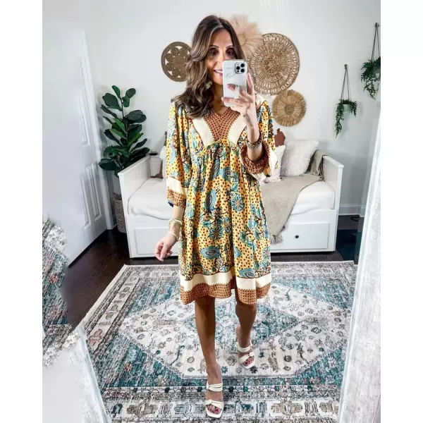 BTFBM Women Casual Spring Summer Dresses V Neck 34 Long Sleeve Ruffle Floral Flowy Boho Babydoll Mini Short Beach DressFloral Yellow Apricot