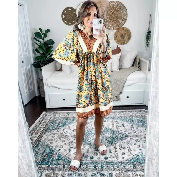 BTFBM Women Casual Spring Summer Dresses V Neck 34 Long Sleeve Ruffle Floral Flowy Boho Babydoll Mini Short Beach DressFloral Yellow Apricot