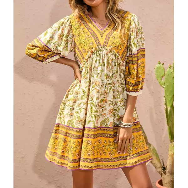 BTFBM Women Casual Spring Summer Dresses V Neck 34 Long Sleeve Ruffle Floral Flowy Boho Babydoll Mini Short Beach DressFloral Yellow White