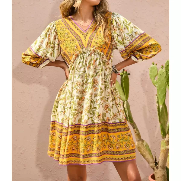 BTFBM Women Casual Spring Summer Dresses V Neck 34 Long Sleeve Ruffle Floral Flowy Boho Babydoll Mini Short Beach DressFloral Yellow White