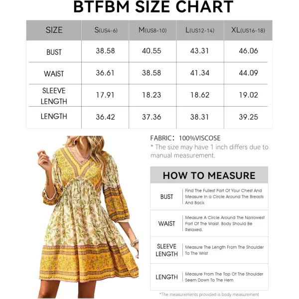 BTFBM Women Casual Spring Summer Dresses V Neck 34 Long Sleeve Ruffle Floral Flowy Boho Babydoll Mini Short Beach DressFloral Yellow White