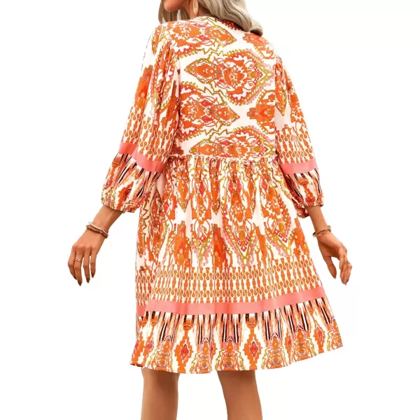 BTFBM Women Casual Spring Summer Dresses V Neck 34 Long Sleeve Ruffle Floral Flowy Boho Babydoll Mini Short Beach DressPrint Orange