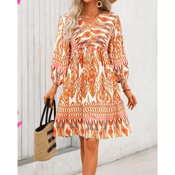BTFBM Women Casual Spring Summer Dresses V Neck 34 Long Sleeve Ruffle Floral Flowy Boho Babydoll Mini Short Beach DressPrint Orange