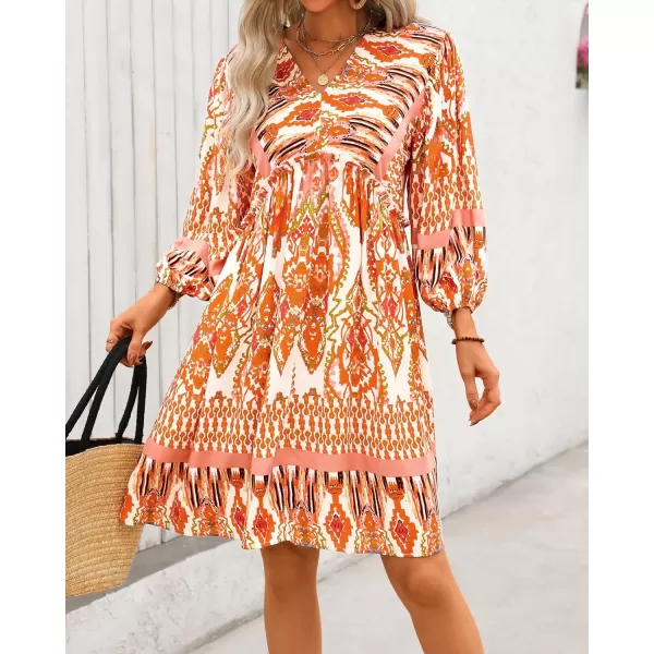 BTFBM Women Casual Spring Summer Dresses V Neck 34 Long Sleeve Ruffle Floral Flowy Boho Babydoll Mini Short Beach DressPrint Orange
