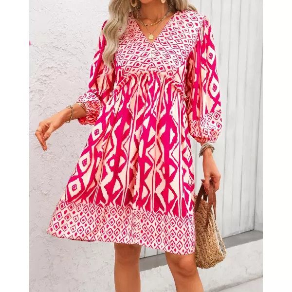 BTFBM Women Casual Spring Summer Dresses V Neck 34 Long Sleeve Ruffle Floral Flowy Boho Babydoll Mini Short Beach DressPrint Rose Red