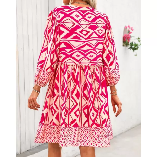 BTFBM Women Casual Spring Summer Dresses V Neck 34 Long Sleeve Ruffle Floral Flowy Boho Babydoll Mini Short Beach DressPrint Rose Red