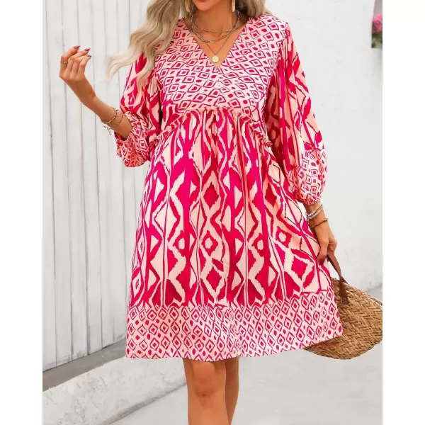 BTFBM Women Casual Spring Summer Dresses V Neck 34 Long Sleeve Ruffle Floral Flowy Boho Babydoll Mini Short Beach DressPrint Rose Red
