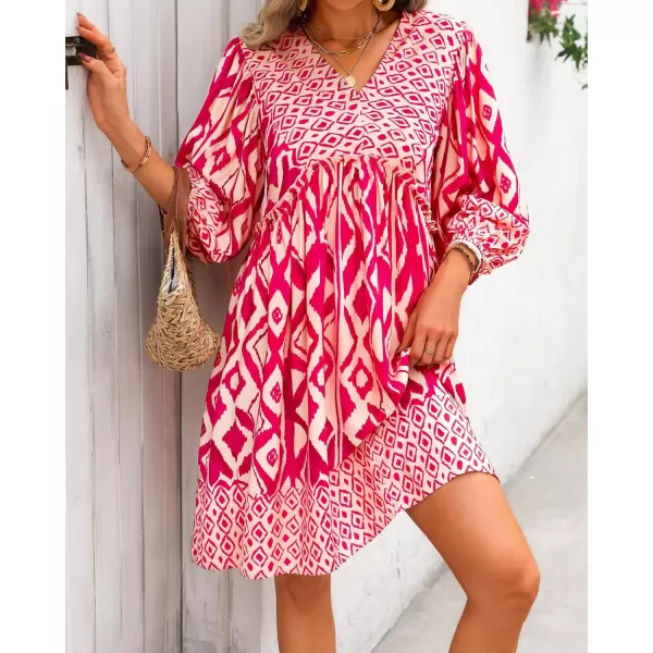 BTFBM Women Casual Spring Summer Dresses V Neck 34 Long Sleeve Ruffle Floral Flowy Boho Babydoll Mini Short Beach DressPrint Rose Red