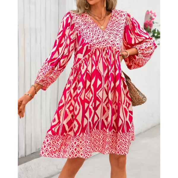 BTFBM Women Casual Spring Summer Dresses V Neck 34 Long Sleeve Ruffle Floral Flowy Boho Babydoll Mini Short Beach DressPrint Rose Red