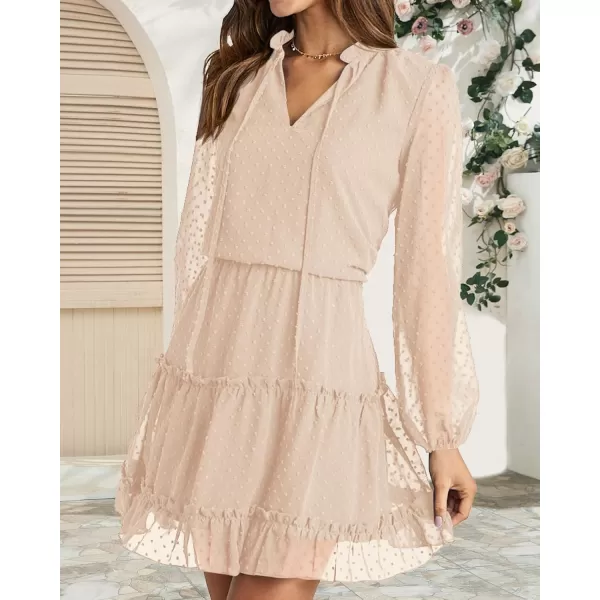 BTFBM Women Casual Summer Fall Dresses Tie V Neck Long Sleeve High Waist Ruffle Tiered A Line Swing Tunic Mini DressDot Apricot