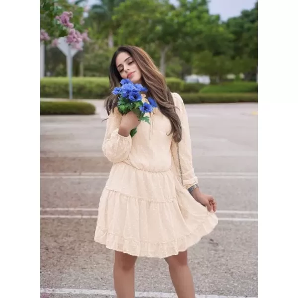 BTFBM Women Casual Summer Fall Dresses Tie V Neck Long Sleeve High Waist Ruffle Tiered A Line Swing Tunic Mini DressDot Apricot