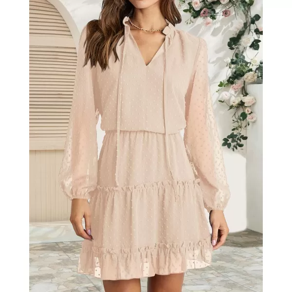 BTFBM Women Casual Summer Fall Dresses Tie V Neck Long Sleeve High Waist Ruffle Tiered A Line Swing Tunic Mini DressDot Apricot
