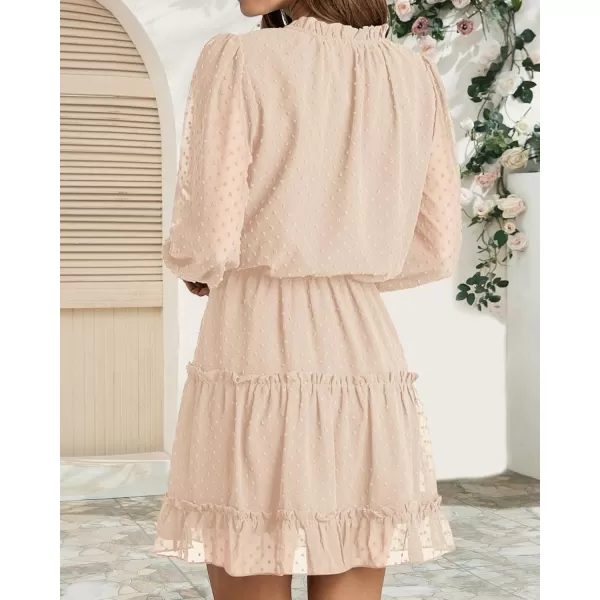 BTFBM Women Casual Summer Fall Dresses Tie V Neck Long Sleeve High Waist Ruffle Tiered A Line Swing Tunic Mini DressDot Apricot