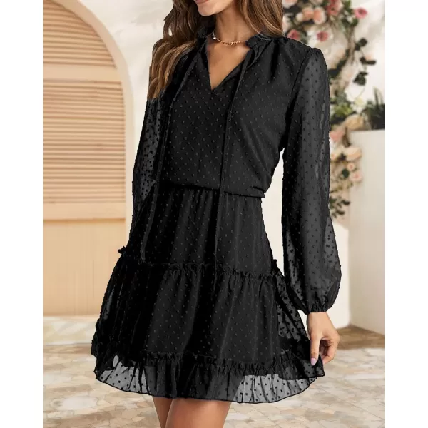 BTFBM Women Casual Summer Fall Dresses Tie V Neck Long Sleeve High Waist Ruffle Tiered A Line Swing Tunic Mini DressDot Black