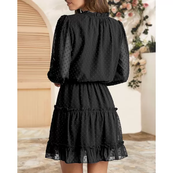 BTFBM Women Casual Summer Fall Dresses Tie V Neck Long Sleeve High Waist Ruffle Tiered A Line Swing Tunic Mini DressDot Black