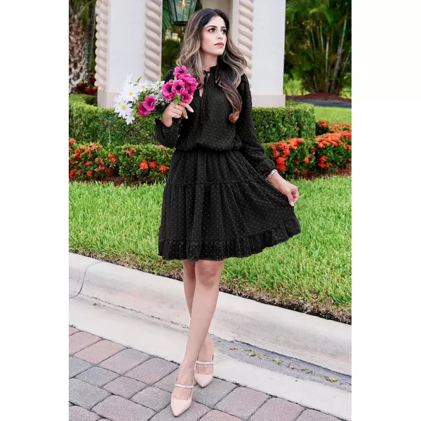 BTFBM Women Casual Summer Fall Dresses Tie V Neck Long Sleeve High Waist Ruffle Tiered A Line Swing Tunic Mini DressDot Black