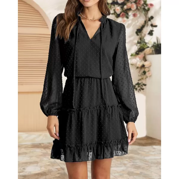 BTFBM Women Casual Summer Fall Dresses Tie V Neck Long Sleeve High Waist Ruffle Tiered A Line Swing Tunic Mini DressDot Black