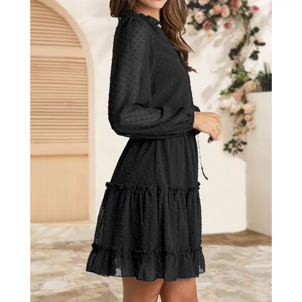 BTFBM Women Casual Summer Fall Dresses Tie V Neck Long Sleeve High Waist Ruffle Tiered A Line Swing Tunic Mini DressDot Black
