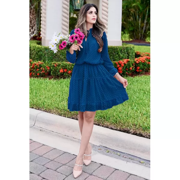 BTFBM Women Casual Summer Fall Dresses Tie V Neck Long Sleeve High Waist Ruffle Tiered A Line Swing Tunic Mini DressDot Dark Blue