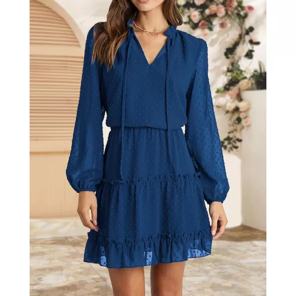 BTFBM Women Casual Summer Fall Dresses Tie V Neck Long Sleeve High Waist Ruffle Tiered A Line Swing Tunic Mini DressDot Dark Blue