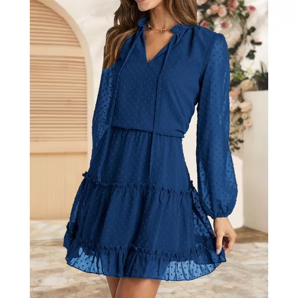 BTFBM Women Casual Summer Fall Dresses Tie V Neck Long Sleeve High Waist Ruffle Tiered A Line Swing Tunic Mini DressDot Dark Blue