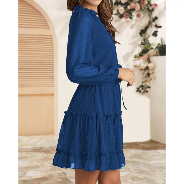 BTFBM Women Casual Summer Fall Dresses Tie V Neck Long Sleeve High Waist Ruffle Tiered A Line Swing Tunic Mini DressDot Dark Blue