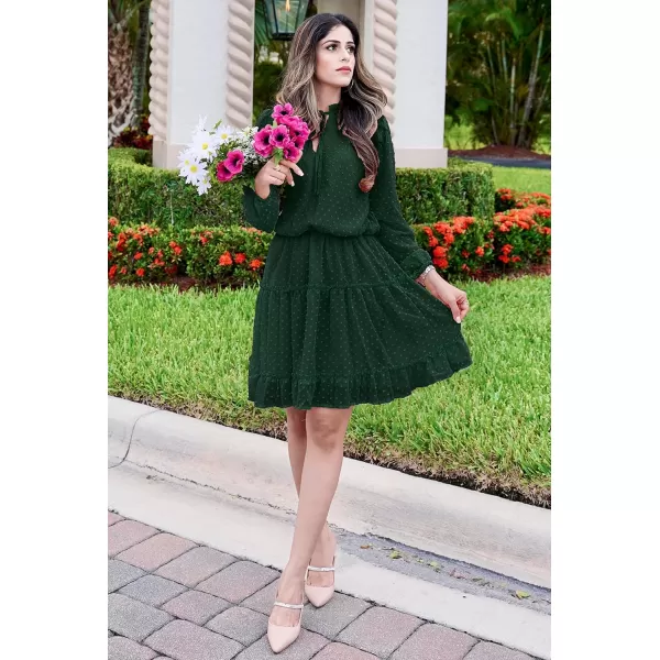 BTFBM Women Casual Summer Fall Dresses Tie V Neck Long Sleeve High Waist Ruffle Tiered A Line Swing Tunic Mini DressDot Dark Green