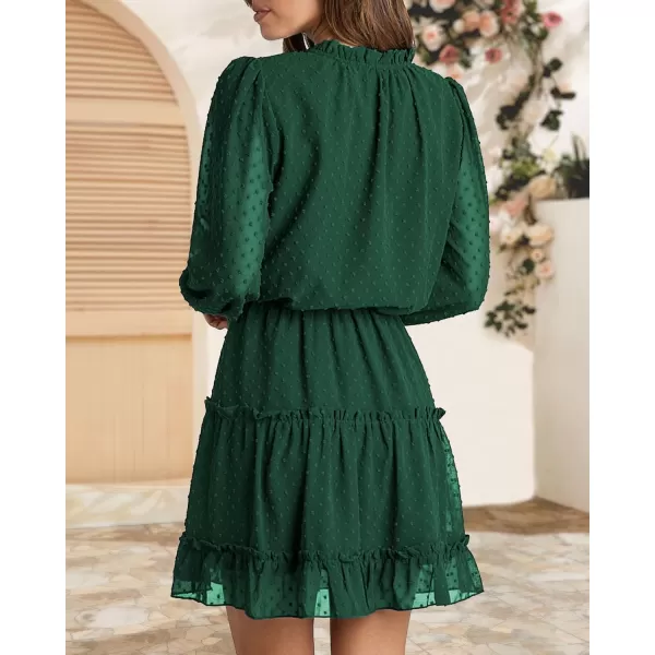 BTFBM Women Casual Summer Fall Dresses Tie V Neck Long Sleeve High Waist Ruffle Tiered A Line Swing Tunic Mini DressDot Dark Green