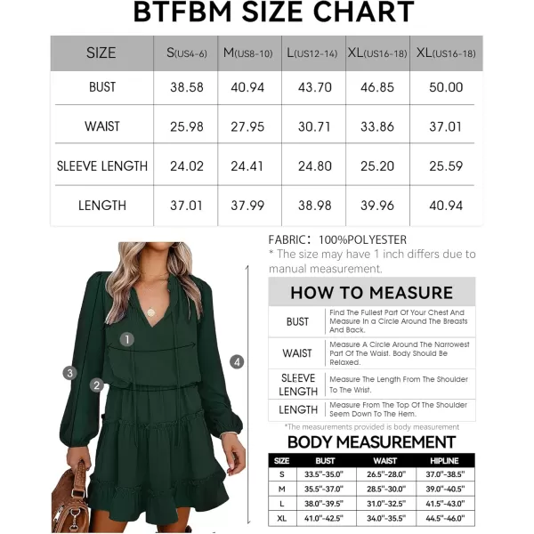 BTFBM Women Casual Summer Fall Dresses Tie V Neck Long Sleeve High Waist Ruffle Tiered A Line Swing Tunic Mini DressDot Dark Green