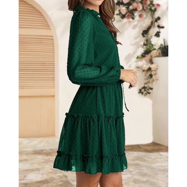 BTFBM Women Casual Summer Fall Dresses Tie V Neck Long Sleeve High Waist Ruffle Tiered A Line Swing Tunic Mini DressDot Dark Green