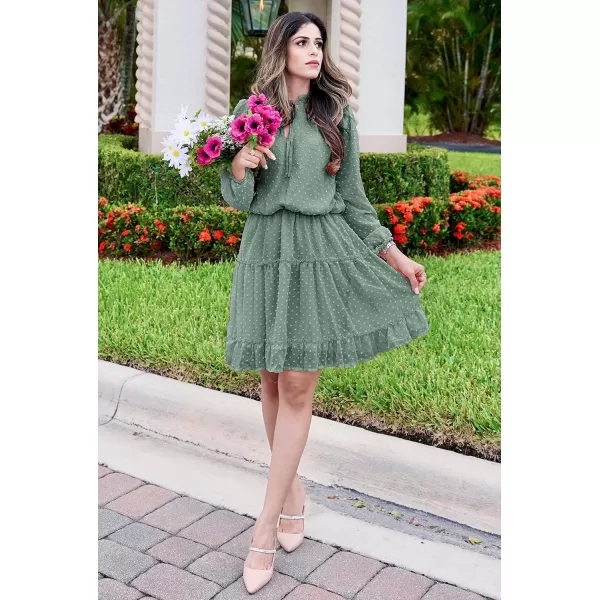 BTFBM Women Casual Summer Fall Dresses Tie V Neck Long Sleeve High Waist Ruffle Tiered A Line Swing Tunic Mini DressDot Green