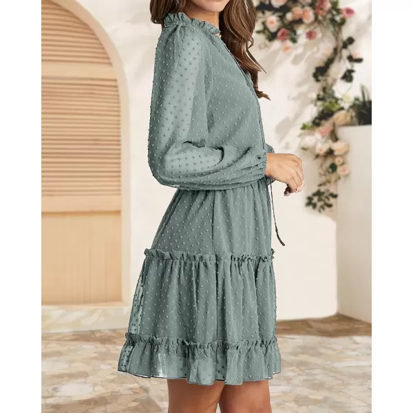 BTFBM Women Casual Summer Fall Dresses Tie V Neck Long Sleeve High Waist Ruffle Tiered A Line Swing Tunic Mini DressDot Green