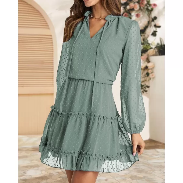 BTFBM Women Casual Summer Fall Dresses Tie V Neck Long Sleeve High Waist Ruffle Tiered A Line Swing Tunic Mini DressDot Green