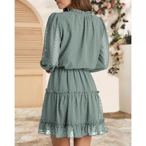 BTFBM Women Casual Summer Fall Dresses Tie V Neck Long Sleeve High Waist Ruffle Tiered A Line Swing Tunic Mini DressDot Green