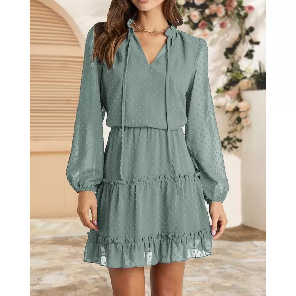 BTFBM Women Casual Summer Fall Dresses Tie V Neck Long Sleeve High Waist Ruffle Tiered A Line Swing Tunic Mini DressDot Green