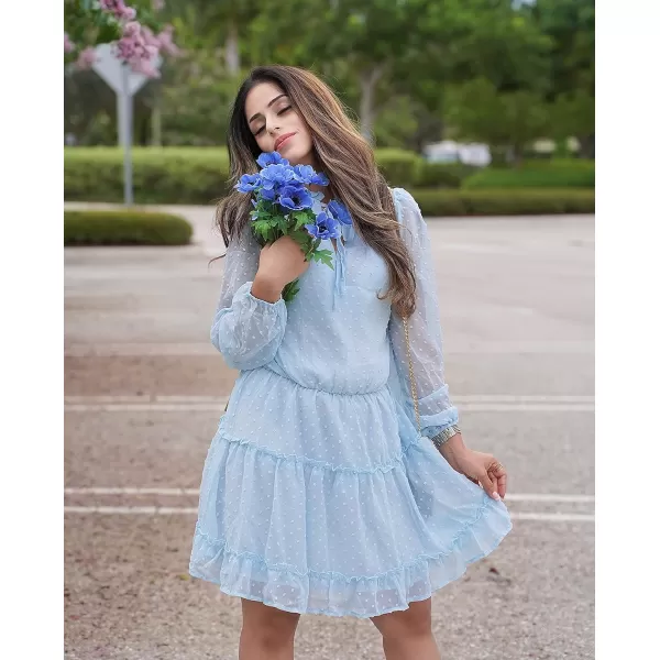 BTFBM Women Casual Summer Fall Dresses Tie V Neck Long Sleeve High Waist Ruffle Tiered A Line Swing Tunic Mini DressDot Light Blue