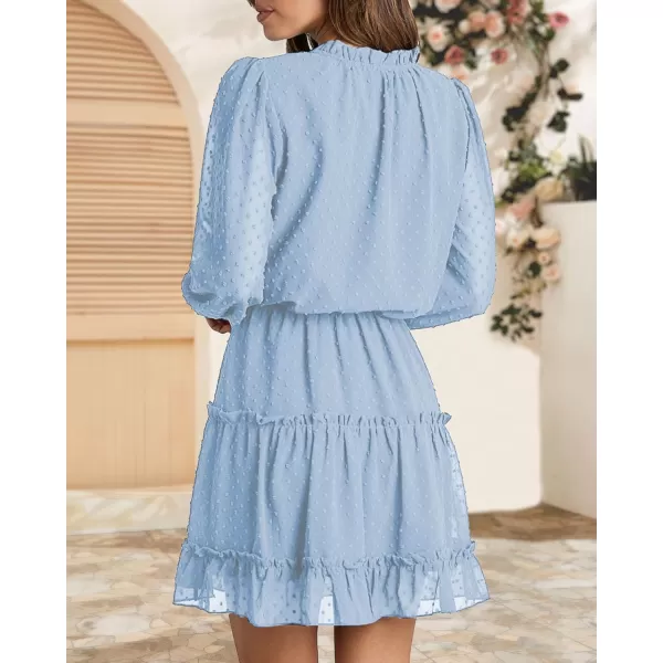 BTFBM Women Casual Summer Fall Dresses Tie V Neck Long Sleeve High Waist Ruffle Tiered A Line Swing Tunic Mini DressDot Light Blue