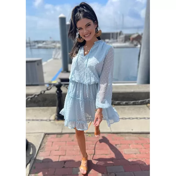 BTFBM Women Casual Summer Fall Dresses Tie V Neck Long Sleeve High Waist Ruffle Tiered A Line Swing Tunic Mini DressDot Light Blue