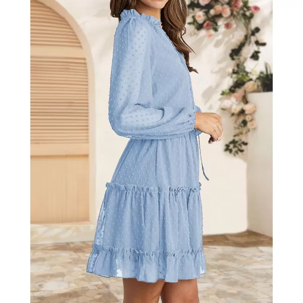 BTFBM Women Casual Summer Fall Dresses Tie V Neck Long Sleeve High Waist Ruffle Tiered A Line Swing Tunic Mini DressDot Light Blue