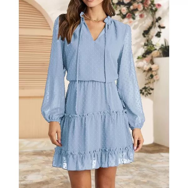 BTFBM Women Casual Summer Fall Dresses Tie V Neck Long Sleeve High Waist Ruffle Tiered A Line Swing Tunic Mini DressDot Light Blue