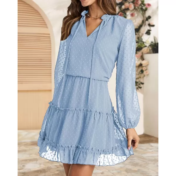 BTFBM Women Casual Summer Fall Dresses Tie V Neck Long Sleeve High Waist Ruffle Tiered A Line Swing Tunic Mini DressDot Light Blue