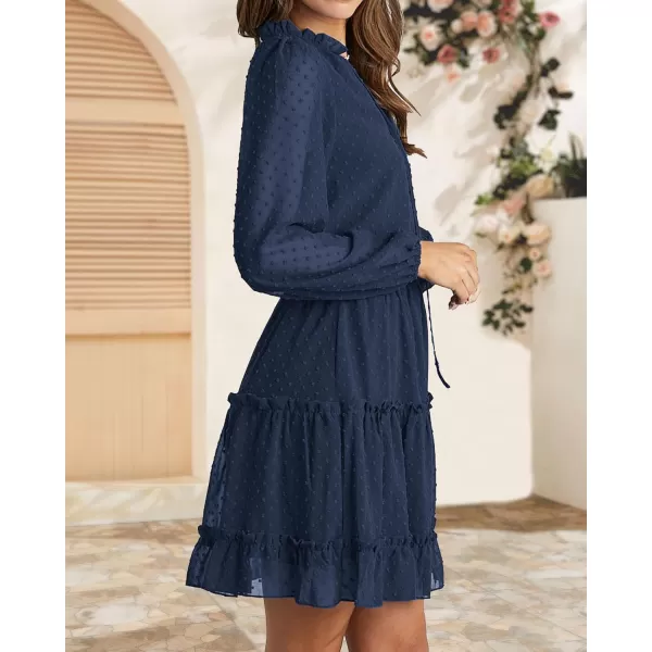 BTFBM Women Casual Summer Fall Dresses Tie V Neck Long Sleeve High Waist Ruffle Tiered A Line Swing Tunic Mini DressDot Navy