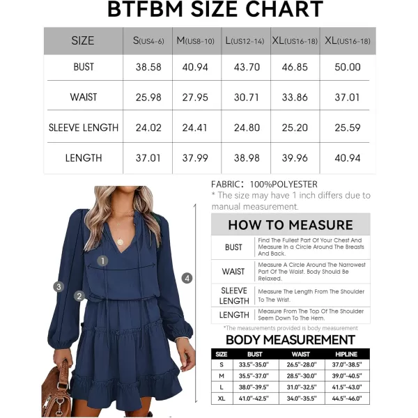 BTFBM Women Casual Summer Fall Dresses Tie V Neck Long Sleeve High Waist Ruffle Tiered A Line Swing Tunic Mini DressDot Navy
