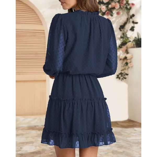 BTFBM Women Casual Summer Fall Dresses Tie V Neck Long Sleeve High Waist Ruffle Tiered A Line Swing Tunic Mini DressDot Navy