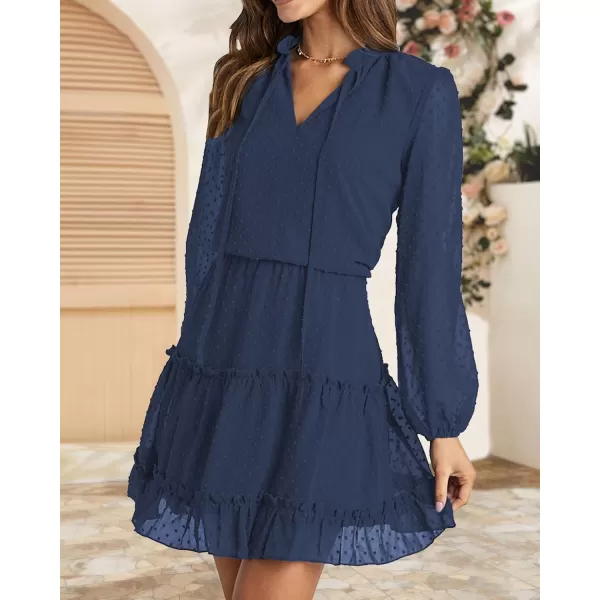 BTFBM Women Casual Summer Fall Dresses Tie V Neck Long Sleeve High Waist Ruffle Tiered A Line Swing Tunic Mini DressDot Navy