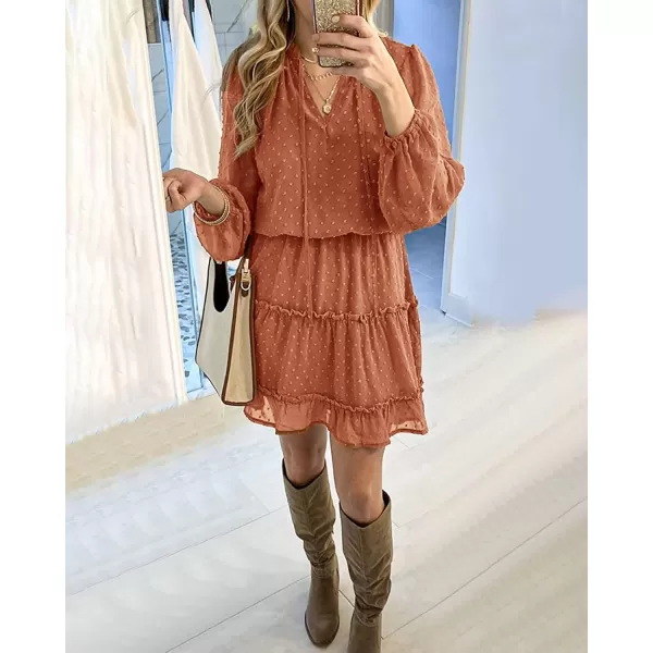 BTFBM Women Casual Summer Fall Dresses Tie V Neck Long Sleeve High Waist Ruffle Tiered A Line Swing Tunic Mini DressDot Orange Yellow