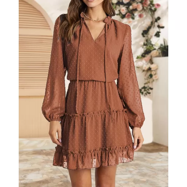 BTFBM Women Casual Summer Fall Dresses Tie V Neck Long Sleeve High Waist Ruffle Tiered A Line Swing Tunic Mini DressDot Orange Yellow